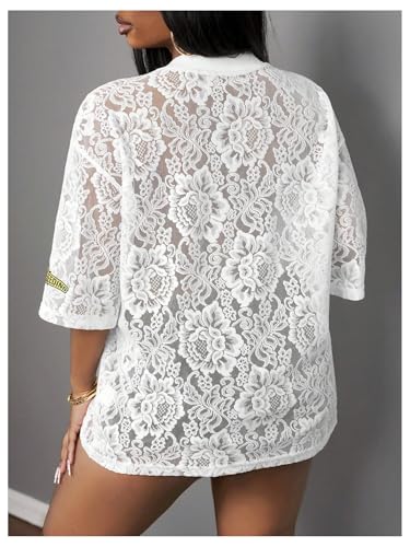 Women's Y2k Floral Lace Jersey Shirt Number Print Sheer V Neck Short Sleeve Summer Tee Tops2