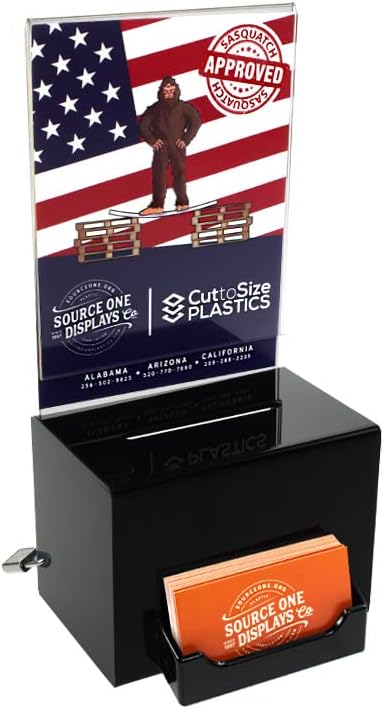 SourceOne - Caja de donación acrílica oblonga con llaves de bloqueo y soporte para tarjetas de visita, 5 pulgadas de ancho (1 paquete, parte trasera)