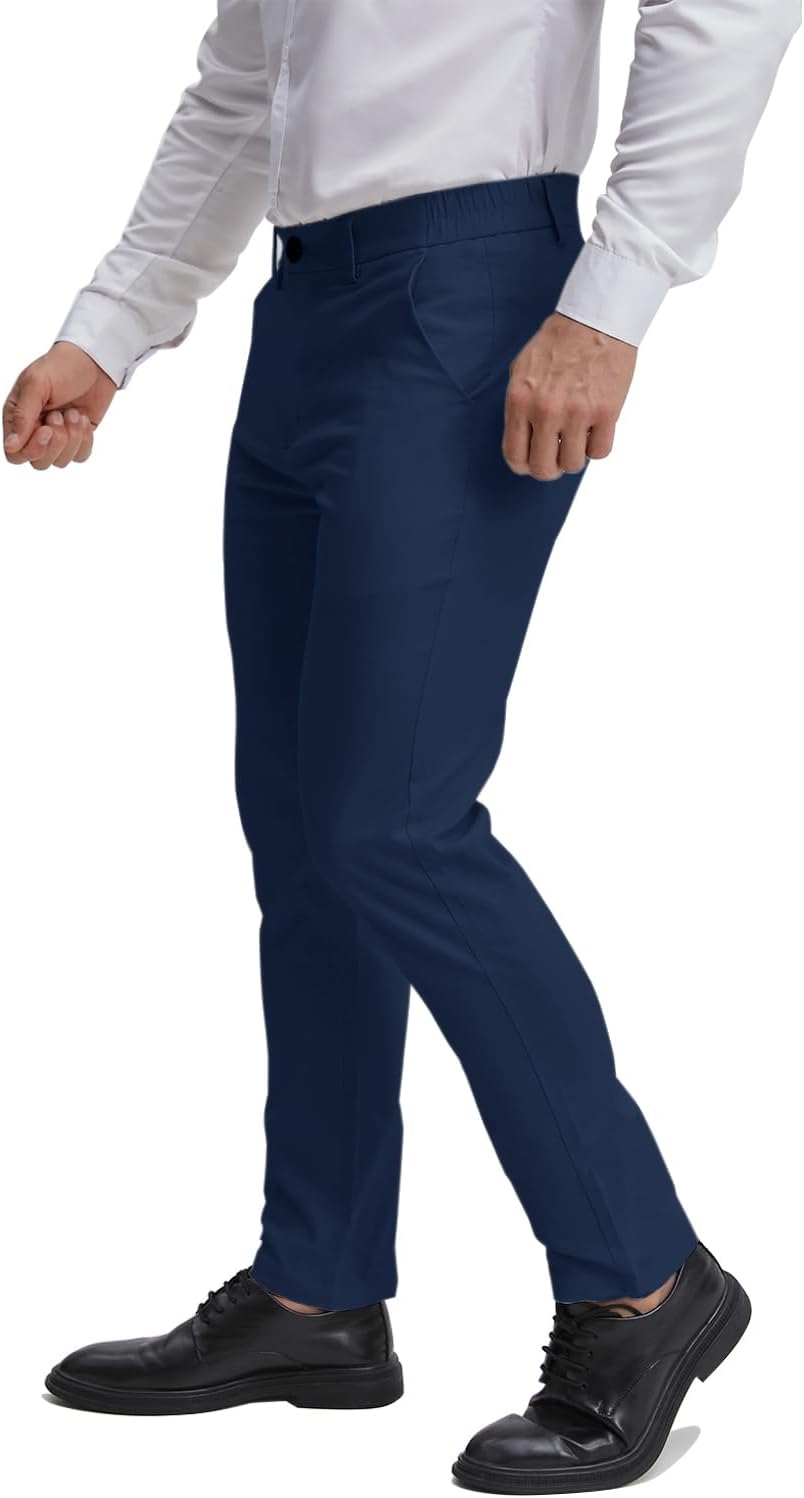ALLELMS Mens Chinos Classic Fit Dress Pants Expandable Waist Flat-Front Formal Pants
