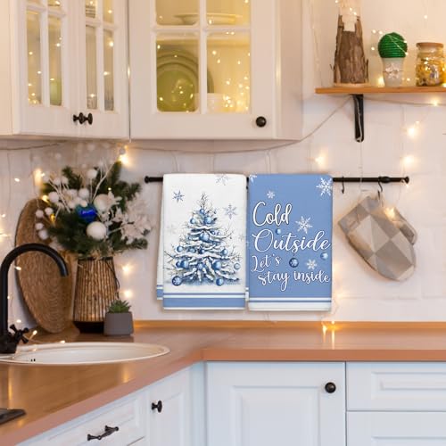Image of Winter Ball Trees Blue Kitchen Towel Snowflakes Cold Outside Dish Towels Set of 2, Christmas Xmas Seasonal 18 x 26 Inch Hand Towel Quick Drying Dishcloth Decor for Kitchen Bathroom Home