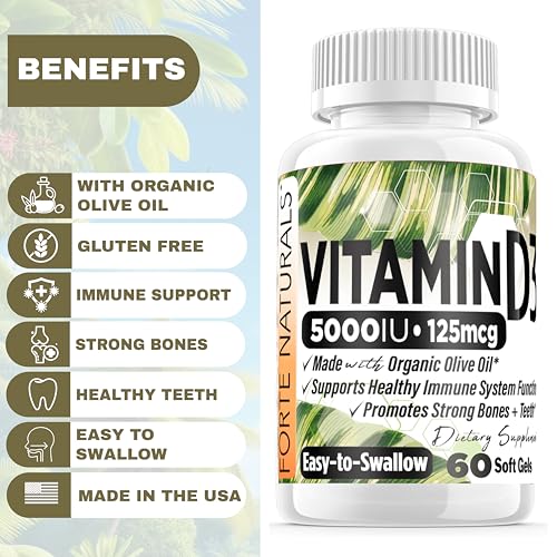 FORTE NATURALS Vitamin D3 5000 IU Supplement 125 mcg Soft Gels Specially for Sensitive Stomachs Supplements with Organic Olive Oil Best Vitamin D3 Supplement for Women & Men Made in USA