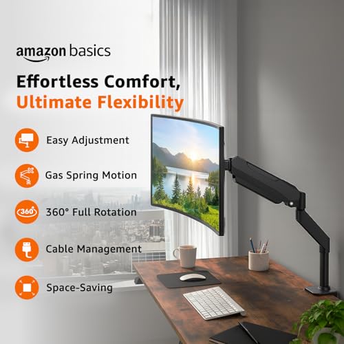 Image of Amazon Basics Pro Series Ergonomic Single Monitor Arm with Gas Spring - Full Motion VESA Mount (13 inch-32 inch), 360 Rotation, Supports up to 8 kg | Adjustable Monitor Mount