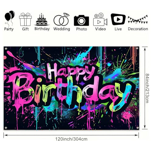 Image of HOMETITUTE Neon Happy Birthday Banner 120x84 inch Photography Backdrops Party Background Decorations Colorful Graffiti Splash Paint KidsBirthday Supplies Glow in The Dark
