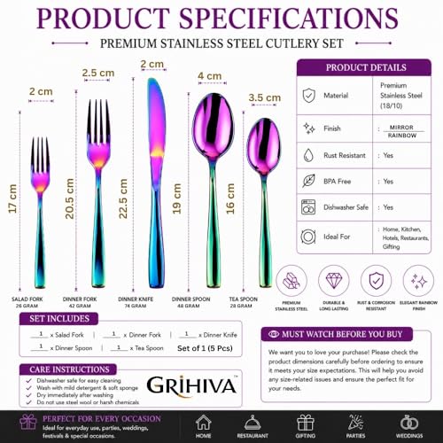 Image of 5 Pcs Rainbow Cutlery Set for Dining Table the Perfect Mirror Polish Hevy Duty Tableware Including Dinner Spoon, Dinner Fork, Dinner Knife, Dessert Spoon & Dessert Fork
