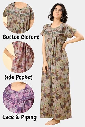 Image of GLAMORAS Bizzy Lizzy Cotton Nighty Gown with Side Pocket for Women | Regular, Digital Printed & Full Length Maxi Night Gown | Night Wear Maxi Gown for Women | Size: M-2XL