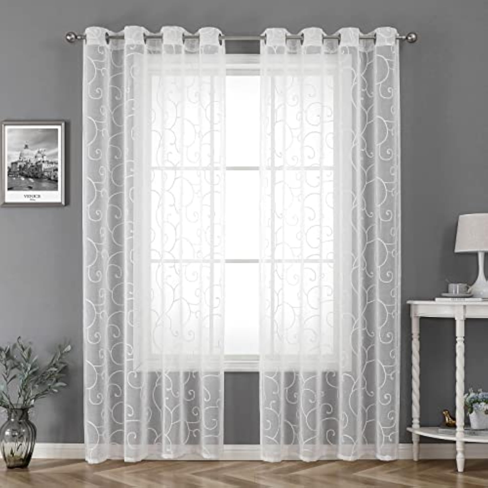 Embroidered White Semi Sheer Curtains 84 Inches Long