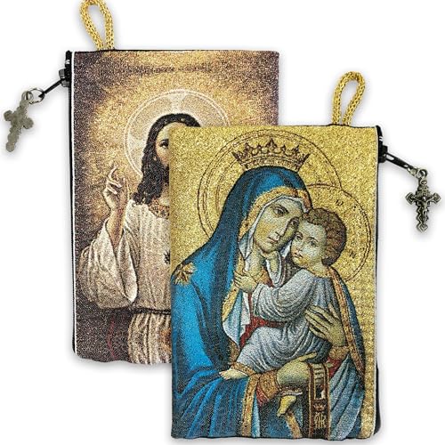 Image of Catholic Rosary Pouch, 4 inch x 6 inch Jewelry & Coin Purse with Cross, Small Woven Tapestry Icon Bag, Bolsa de Rosario Catolico para Joyeria, Our Lady of Mount Carmel & Sacred Heart of Jesus, 4 inch x 6 inch