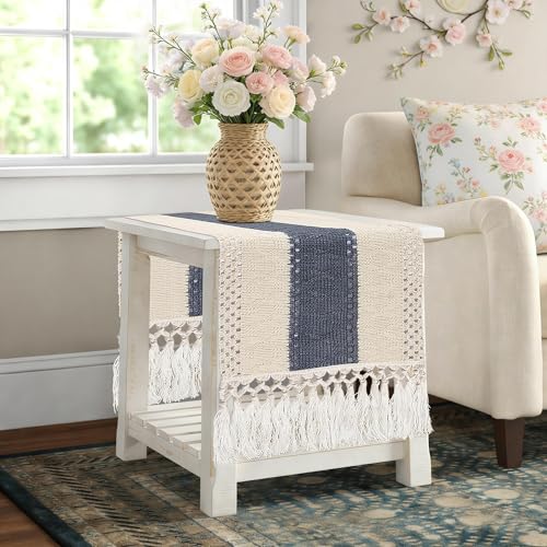 yuboo Blue and White Table Runner 36 Inches, Small Coastal Nautical Dresser Scarf, Farmhouse Coffee Table Runner for Nightstand, End Table, Beach Home Table Decor (Navy & Cream)