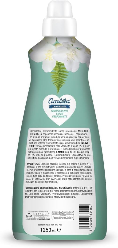 Coccolatevi Ammorbidente Super Profumante White Musk Suavizante, Suavizante súper fragante, prendas perfumadas y suaves, 50 lavados, 1250 ml + llavero Beni Culinari gratuito