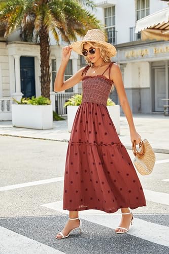 Women Floral Embroidered Maxi Dress Sleeveless Tie Shoulder Smocked Flowy Dress Boho Summer Sundresses with Pockets4
