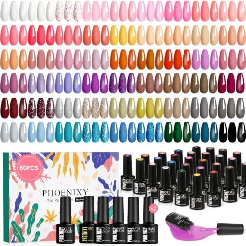 60Pcs Esmaltes Semipermanentes para Uñas, Phoenixy 162 Efectos 54 Colores de Pintauñas Semipermanentes Kit Incluye Top Coat, Base Coat, Matte Coat, Glitter Coat, Kit Uñas Semipermanentes Rosa, Azul