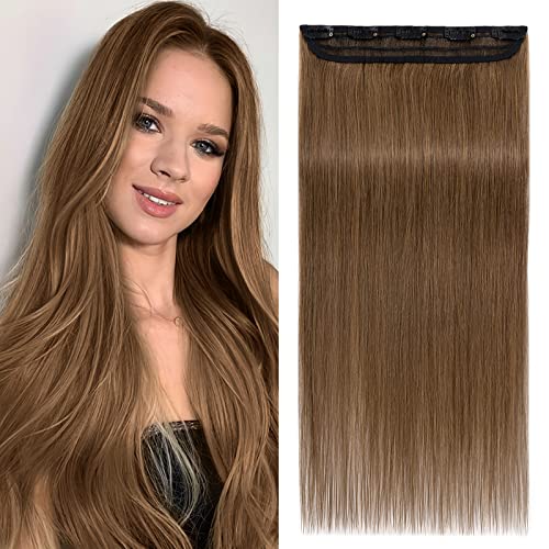 Image of Benehair One Piece Clip in Hair Extensions Human Hair Light Brown Hair Extensions Clip in Human Hair 20inch 3 /4 Full Head Straight Remy Human Hair 5 Clips