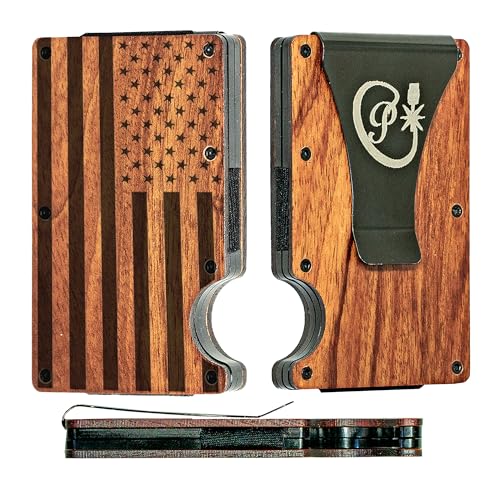 Minimalist Wallet, RFID Wood Card Holder with Money Clip, 15+ Cards, Slim Design, Cherry Wood (Rose)