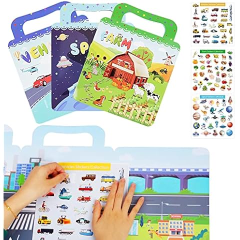 HAMOOM 3Pcs Reusable Sticker Books for Toddlers,Kids Sticker Books for 2 Year Olds Stickers for Children Toys for Kids,3D Space Vehicles Farm Sticker Book Educational Learning Toy Birthday Gifts Cover
