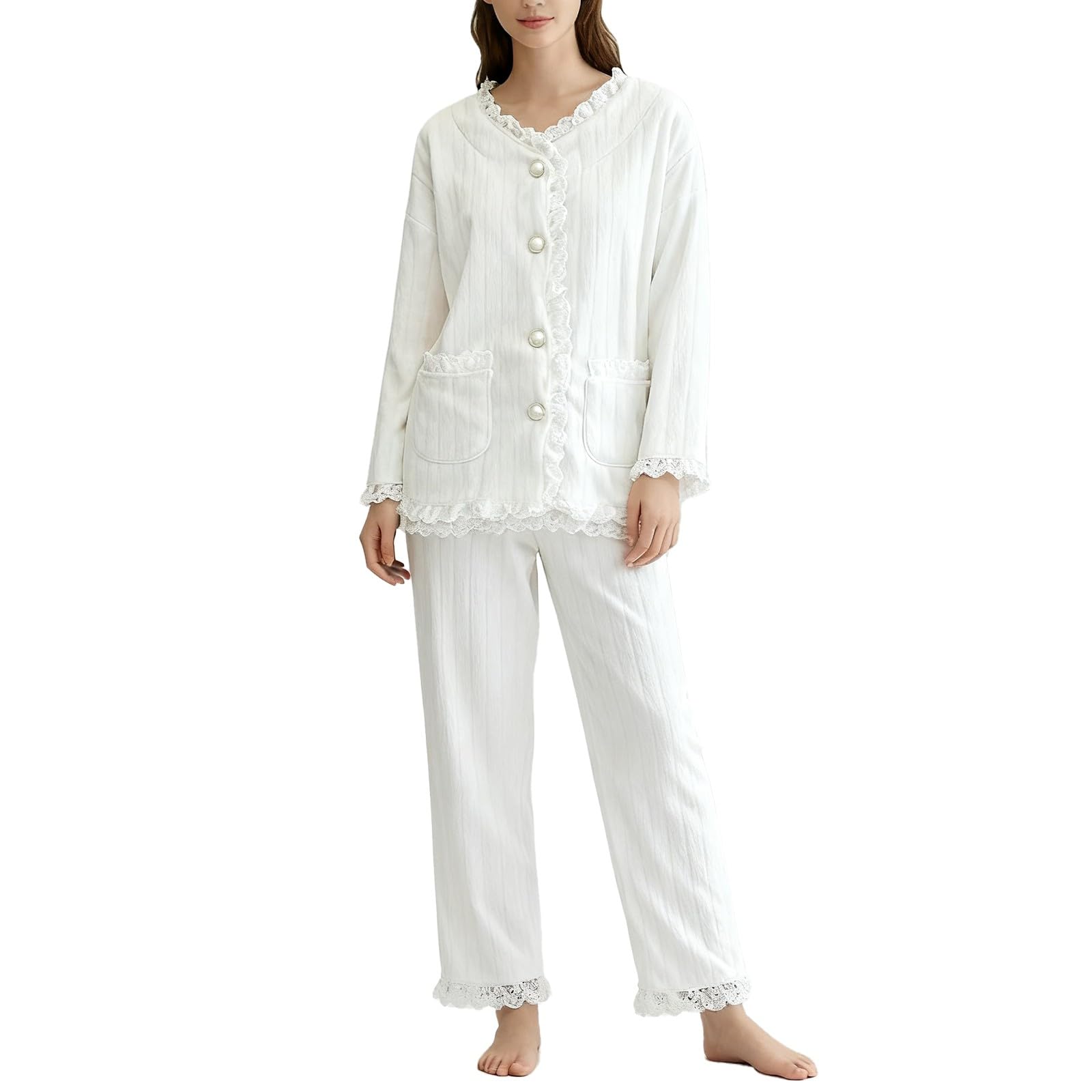 In Pile E Pizzo Corallo Bianco da Donna Autunno Inverno 2025 Pantaloni Lunghi Estivi Pigiama Estate Estivo Cotone Invernale Nonna Lungo Pigiami Leggero Corto Pijamas Ragazza 27 Anni