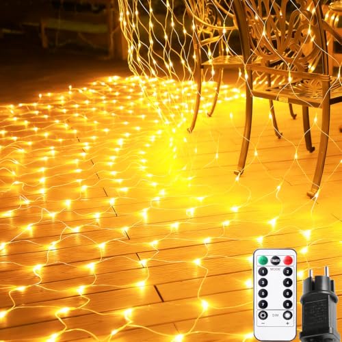POIFL Lichternetz Außen, Weihnachtsbeleuchtung Lichterkette Außen Netzlicht 3 x 2M, 208 LEDs, Mit Stecker, warmweißes Licht, mit Fernbedienung, Timer, Dimmbar, 8 Lichtmodi, für Zimmer, Schlafzimmer