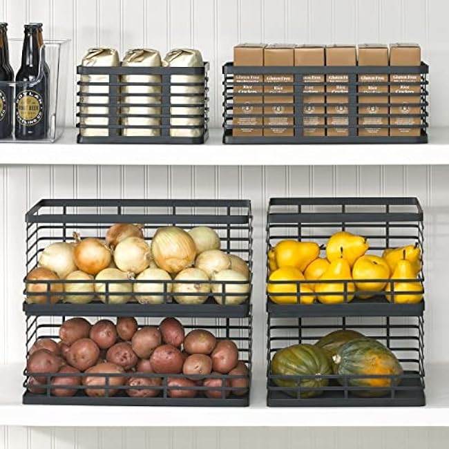 mDesign Wide Stackable Metal Wire Food Baskets with Open Front for Kitchen, Pantry, Cabinet, Countertop, Bin for Fruit, Vegetable, and Snack Storage Organizer, Carson Collection, 4 Pack, Matte Black