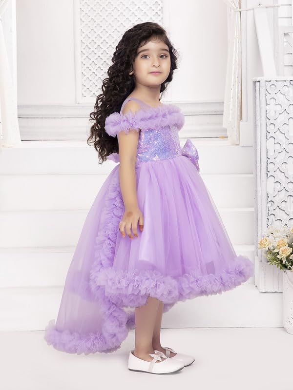 Image of Ministitch Kids Girls Barbi Tail Look Sequence Yoke Net Off Shoulder Party Bithday wear Frock and Dresses
