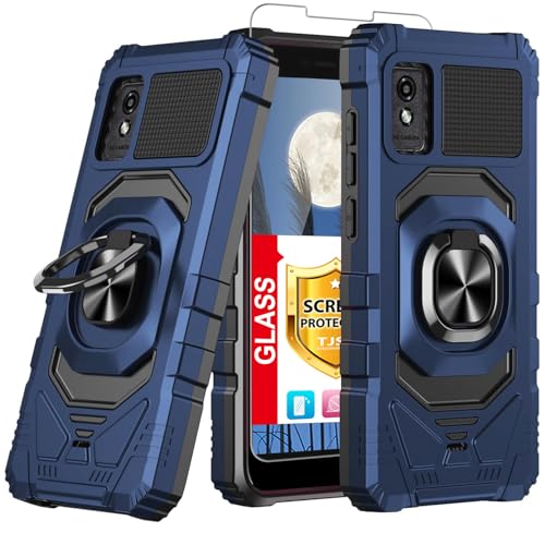 TJS Compatible for BLU Studio Mini 2023 Case with Tempered Glass Screen Protector Metal Ring Magnetic Support Kickstand Heavy Duty Drop Protection Cover Phone Case (Blue)
