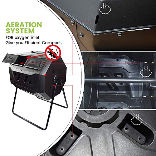SQUEEZE master Large Compost Tumbler Bin -Outdoor Garden Rotating-Dual Compartment - Better Air Circulation Efficient Compost- BPA Free-Sturdy Steel Frame - 43Gallon (2-21.5Gal)- Black Door
