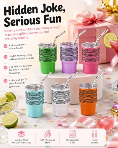 RHUTQP 3oz Hidden Message Mini Tumbler Shot Glasses with Lids and Straws, Stainless Steel Double Wall Vacuum Insulated Cups Set, Novelty Gag Gift for Adults, White Elephant, Travel Cocktail Party - Image 2