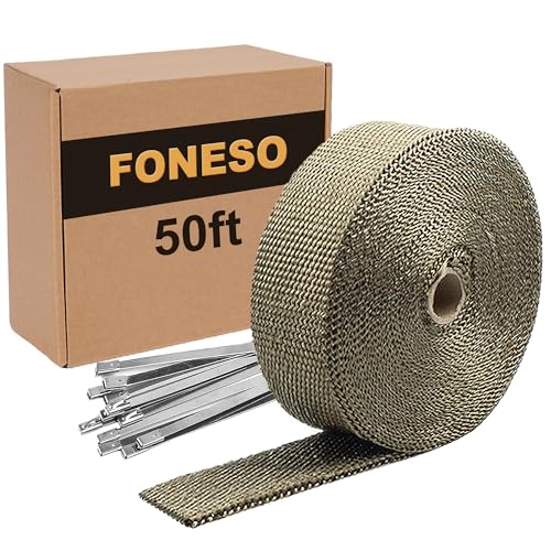 Foneso Exhaust Heat Wrap, 2in x 50ft Titanium Exhaust Muffler Tape Fiberglass Heat Shield Header Wrap for Car Motorcycle Pipes with 12 Pcs Stainless Steel Ties