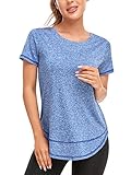 Abrooical Workout Shirts for Women Short Sleeve Running Sports Round Neck Tops Dry Fit Side Split Activewear Blue Medium