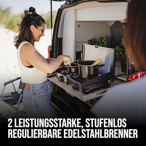 Enders Ryda 2Z, Gaskocher mit Zündsicherung, 2-flammig, Edelstahlbrenner 2x2,3 kW, klein und kompakt, inkl. Gasschlauch und Windschutz #1862, Silber/Schwarz