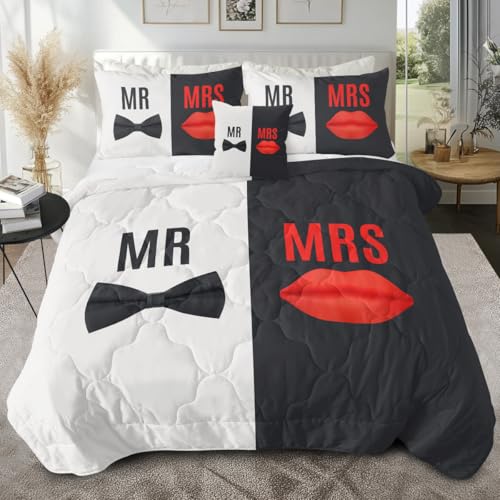 Sleepwish Mr and Mrs King Comforter Set Tie and Red Lips Bedding with Comforter Black and...