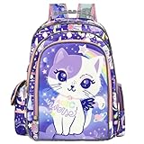 Girls Backpack 16 Inch Cute Cat Backpack for Girls Elementary Kindergarten Kids Backpacks for Girls Kawaii Light Purple Backpack Large Capacity with Lots of Pockets