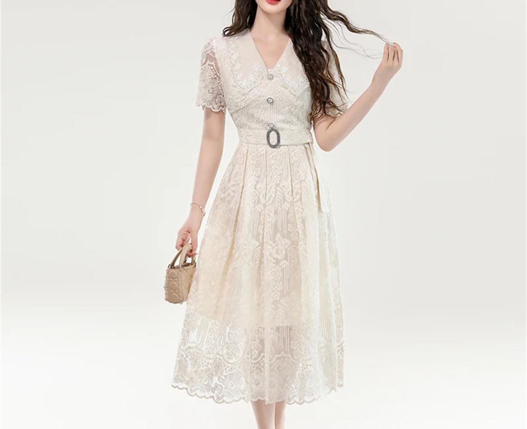 レディース 刺繍レースドレス 夏用 ラペル 半袖 メッシュパネル エレガント パーティー ミディドレス