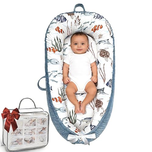 Image of Infant Support Cushion - Breathable and Soft Organic 100% Cotton, Portable Tummy Time Mat with Removable Cover, Newborn Baby Essentials Gifts for 0-24 Months - Sea World