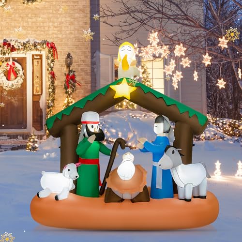 GOPLUS 180 cm presépio insuflável, decoração natalícia insuflável de cena de nascimento de Jesus com 7 luzes LED, decoração de Natal para interior exterior jardim pátio relva