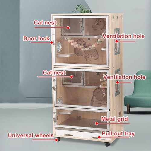 Jaula de chinchilla, jaula de madera para animales pequeños con ruedas y bandeja extraíble, ideal para chinchillas, hurones, conejos y cobayas