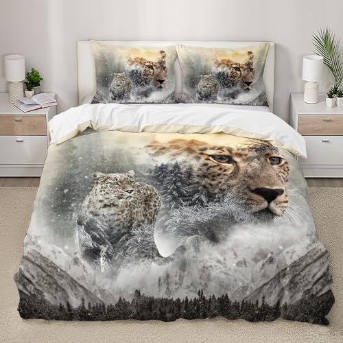 AILONEN Leopard Duvet Cover Set Queen Size, Frozen Forest Animal Cheetah Bedding Set Set,3D Snow Leopard Print Comforter Cover 3 Pieces, 1 Quilt Covet and 2 Pillowcases (No Comforter)