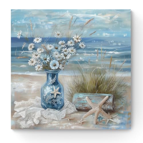 ArtNFT Blue Beach Flower Bathroom Canvas Wall Art Decor, Modern
