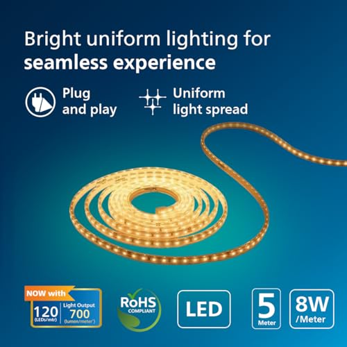 Image of PHILIPS FlexiShine LED Strip Light 5M | 8 Watt per Meter | 120 LEDs /m | IP65 Waterproof LED Rope Light for Outdoor Balcony Garden Pathway Lighting | Flexible Decorative Lighting | Warm White Pack of 4