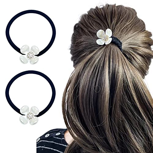 Firecolor Chic 2Pcs Crystal Flowers Ponytail Holder Hair Tie Rhinestone Elegant Glitter Sparkly for Women Girls Half embellished with a faux pearl Loss-proof (F1)