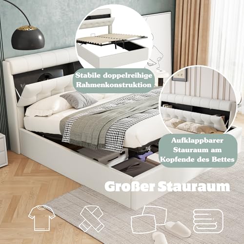 Gxffipw Doppelbett Polsterbett 140x200 cm mit Verdeckter Stauraum am Kopfteil, Hydraulisches Bett mit Stauraum, Jugendbett Stauraumbett Bettgestell mit Lattenrost, PU, Weiß, Ohne Matratze