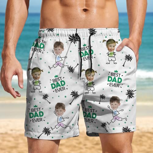 Custom Photo Best Dad Ever Coconut Palm Beach Short Upload Photo With Pattern Men's Beach Short 3D Printed Beach Board Shorts with Pockets Cool Mesh Lining, Personalized Kid's Face Beach Board Shorts4