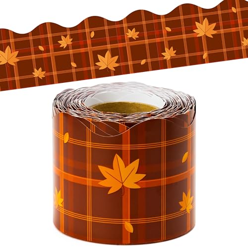 BeYumi Fall Plaid Border Trim - 65ft Fall Maple Leaves Plaid Scalloped Rolled Border Trim Autumn Thanksgiving Brown Bulletin Board Set Harvest Party Decor Classroom Office Chalkboard Door Decoration