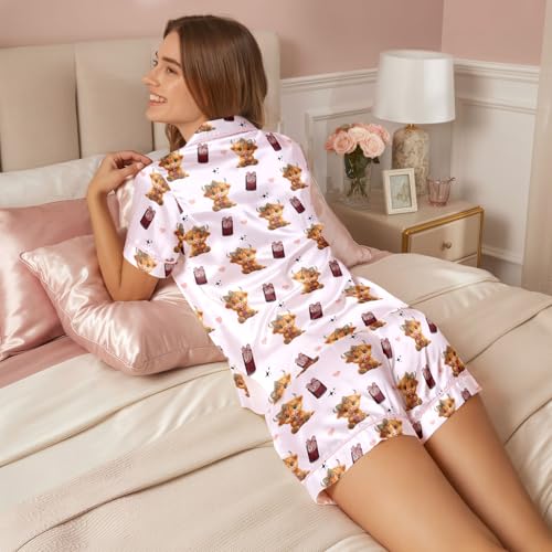 Image of Women 2PCs Satin Pajama Set Short Sleeve Silk Feel Gift Sleepwear | Soft stretch satin; relaxed comfort fit sizes S-3XL for sleep & lounge; short sleeve top, elastic waist shorts; easy care