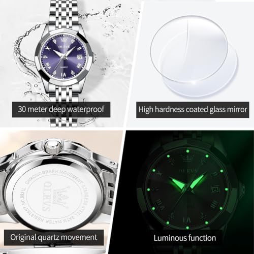 Image of OLEVS Women Watch Silver Stainless Steel Two Tone Fashion Ladies Analog Quartz Waterproof Luminous Date Day Wrist Watches