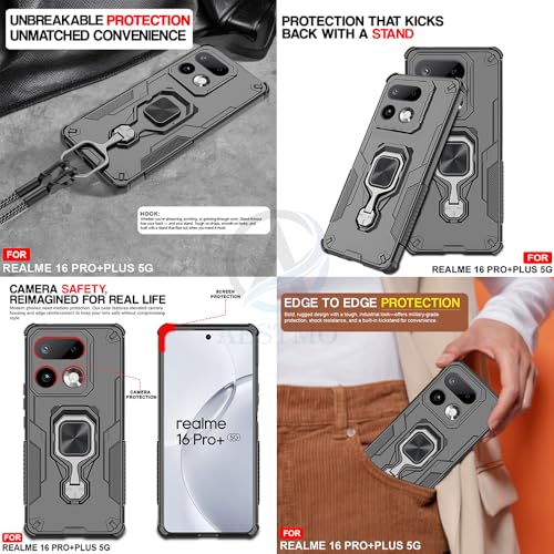 Image of AESTMO Armor Back Cover for Realme 16 Pro Plus 5G | Ring Holder & Kickstand & Camera Protection in-Built | 360 Degree Protection Back Case Cover for Realme 16 Pro Plus 5G (Black)