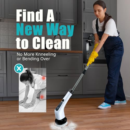 Image of Elebe Electric Spin Scrubber - 7 Replaceable Brush Heads, Electric Cleaning Brush 2 Speeds, Adjustable & Detachable Long Handle, Bathroom Cleaner Brush Electric 300 /450 RPM