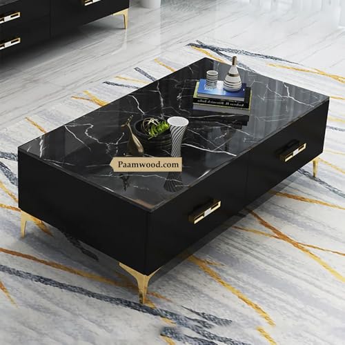 Image of Furo Premium Marble-Top Wooden Center Table for Living Room | PVD Coating Iron Legs| Modern Entryway Furniture | Coffee Table - 42x24x17 Inch (Black)