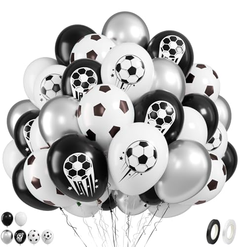 Image of Soccer Balloons, 50 Pcs Black White for Boys Sports Birthday Baby Shower | 12 Inch Black White Silver Soccer Print Latex Balloons for Soccer Football Baby Shower Game Day Sport Club Party Decorations