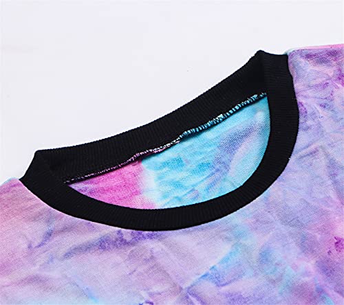 Image of Betusline Little Girls 2 Piece Outfits, Trendy Cute Pullover Crop Tops + Activewear Sweatpants Cropped Sweatshirt Sweatsuit Clothes Set, Purple Tie Dye, 6-7 Years