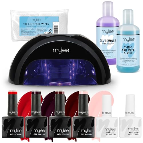 Mylee Kit Professionnel de Vernis à Ongles Gel Semi-permanent, 4x couleurs, Top Coat et Base Coat, Lampe à LED Convexe PRO, Solution Prep & Wipe, Dissolvant...