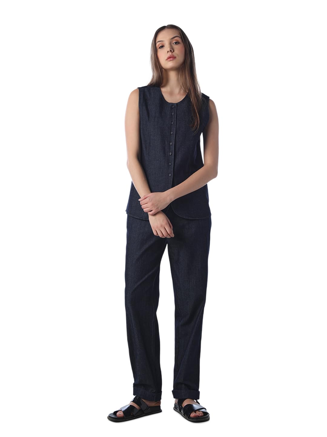 only Women Solid Regular Fit Blue Top-picture-12